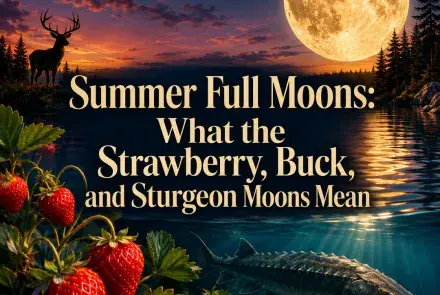 Summer full moon above a lake with strawberries, a buck, and a sturgeon.