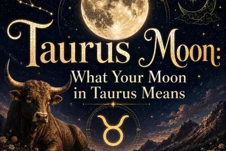 Celestial Taurus Moon graphic with a glowing full moon, Taurus symbol, brown bull, stars, mountains, lake, and flowers.