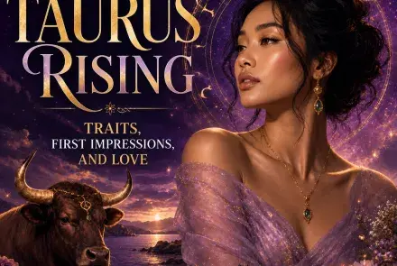 Celestial Taurus Rising image with a woman, a bull, flowers, crystals, and gold astrology details against a purple cosmic sky.