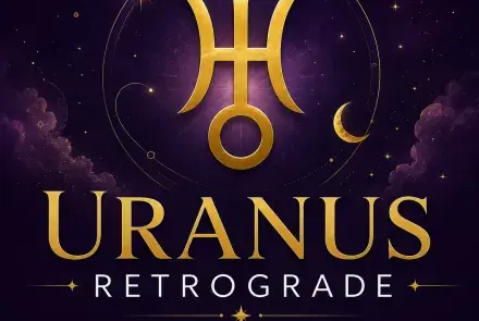 Gold Uranus symbol on a deep violet celestial background with “Uranus Retrograde: What It Means and the Dates to Know.”