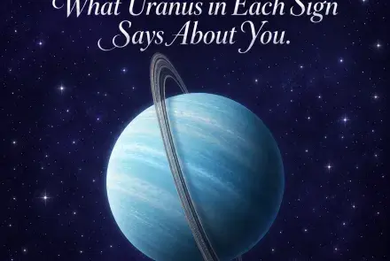 Uranus and its tilted rings in a violet starry sky beneath the title “Uranus Sign Meaning: What Uranus in Each Sign Says About You.”