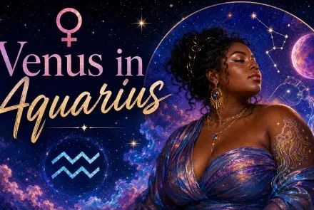 Celestial Venus in Aquarius graphic with a beautiful woman, Venus and Aquarius symbols, stars, purple clouds, and a glowing planet.