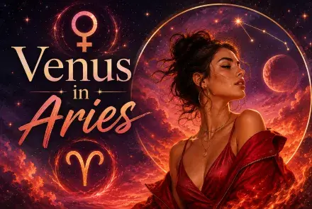 Celestial Venus in Aries graphic with a woman in red, Venus and Aries symbols, stars, fiery clouds, and a glowing planet.
