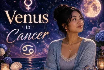 Celestial Venus in Cancer graphic with a beautiful woman, Venus and Cancer symbols, glowing moon, ocean, crab, flowers, and candles.
