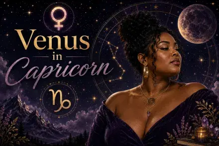 Celestial Venus in Capricorn graphic with a beautiful woman, Venus and Capricorn symbols, stars, mountains, purple clouds, and a glowing moon.