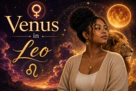 Celestial Venus in Leo graphic with a beautiful woman, Venus and Leo symbols, golden lion, stars, and glowing planets.