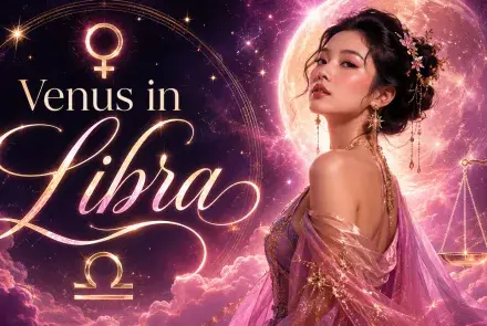 Celestial Venus in Libra graphic with an Asian woman, Venus and Libra symbols, glowing scales, stars, pink clouds, and a radiant moon.