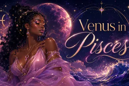 Celestial Venus in Pisces graphic with a beautiful woman, Pisces symbol, glowing planet, stars, purple clouds, and ocean waves.