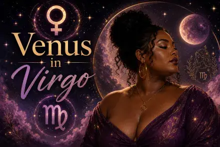 Celestial Venus in Virgo graphic with a beautiful woman, Venus and Virgo symbols, stars, purple clouds, and a glowing moon.
