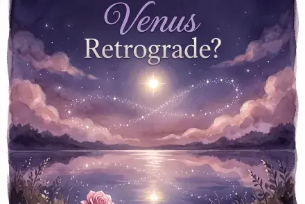 A glowing evening star making a looping path over a moonlit lake beside a rose, with the words When Is the Next Venus Retrograde