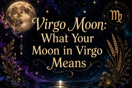 Celestial Virgo Moon graphic with a glowing moon, stars, Virgo symbol, and golden botanical details.