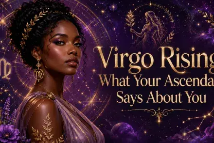 Celestial Virgo Rising image with a woman, Virgo symbols, flowers, and gold astrology details against a purple cosmic sky.