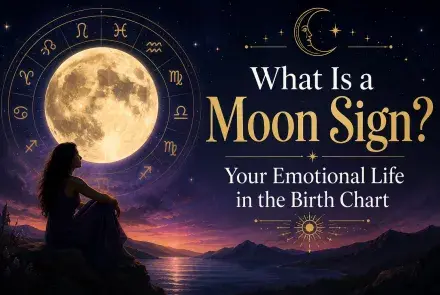 Celestial moon sign graphic with a glowing full moon, zodiac wheel, starry sky, and woman overlooking a mountain lake.
