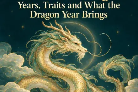 Golden Chinese dragon winding through teal clouds