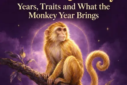 Golden monkey sitting on a branch under a violet sky