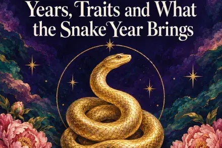 Golden coiled snake inside a gold ring with pink peonies